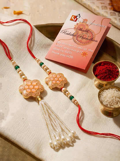 Set of 2 Bhaiya Bhabhi Rakhi Set with Floral Peach Pendant, Green & Gold Beads, Tassel Lumba (130-JPCR1-1857-PH-2-2026)