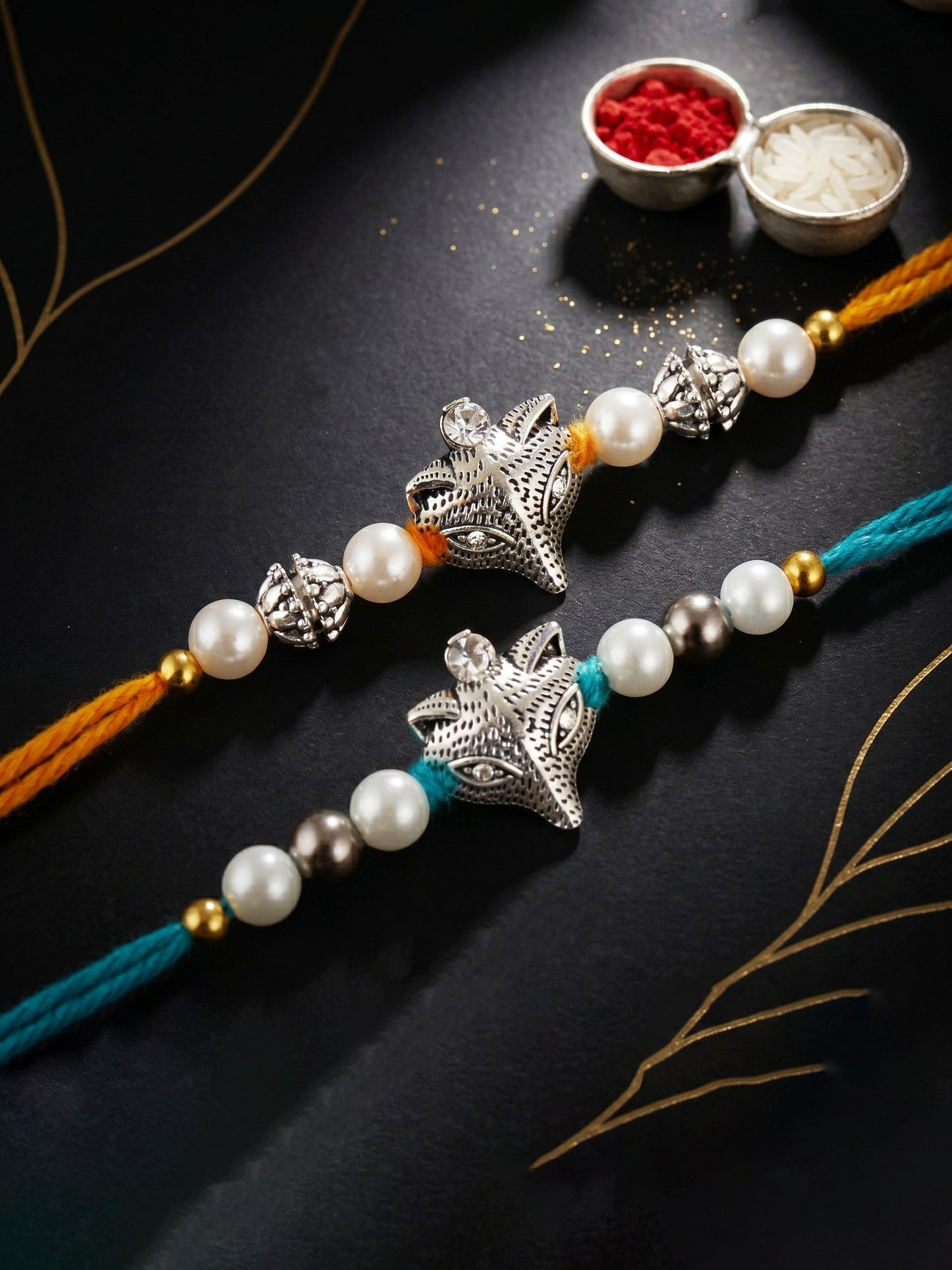 Set of 2 Oxidised Silver Fox Rakhi for Brother with White Beads, Roli Chawal & Card (70-JPR1-1955-2-2026)