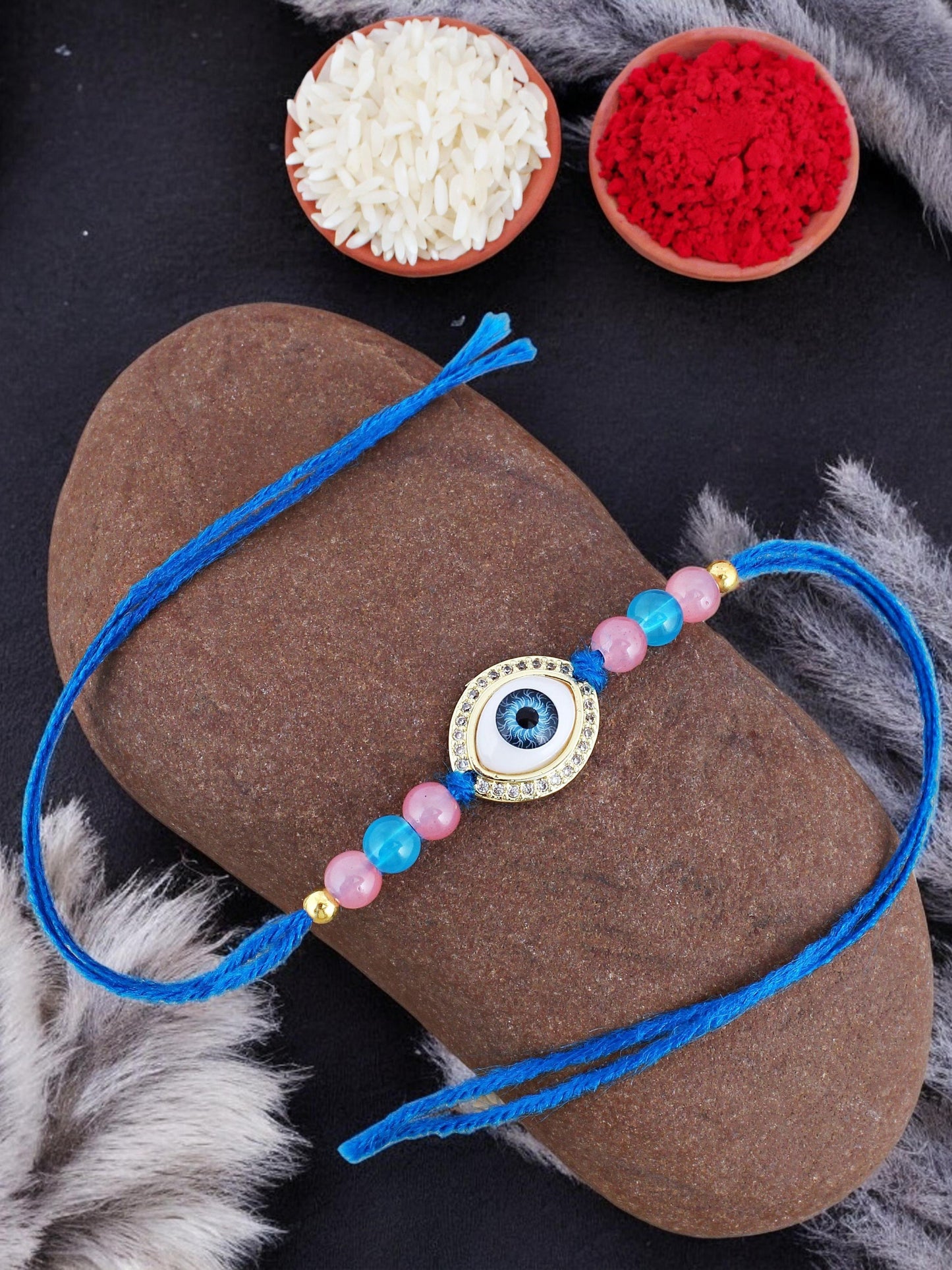 Lucky Jewellery Designer Gold Plated Evil Eye Stone Rakhi - Rakshabandhan Pearl Rakhee Bracelet for Brother Bhaiya Bhai Bhabhi - Pack of 1 (265-CHR1-1191-F-1)