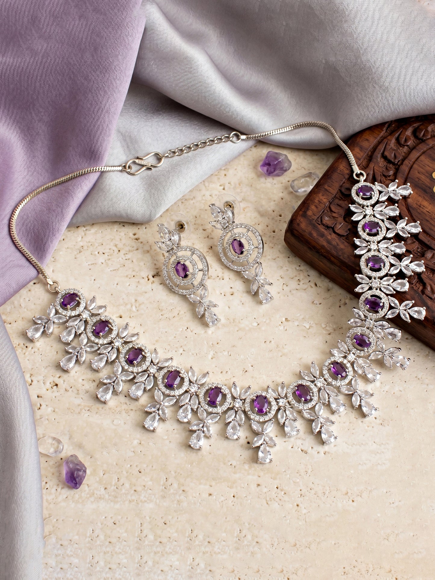 Silver-Tone Purple Stone & American Diamond Necklace Set with Earrings for Women – Office, Party & Function Wear (1717-K4SA-2242-P-S)