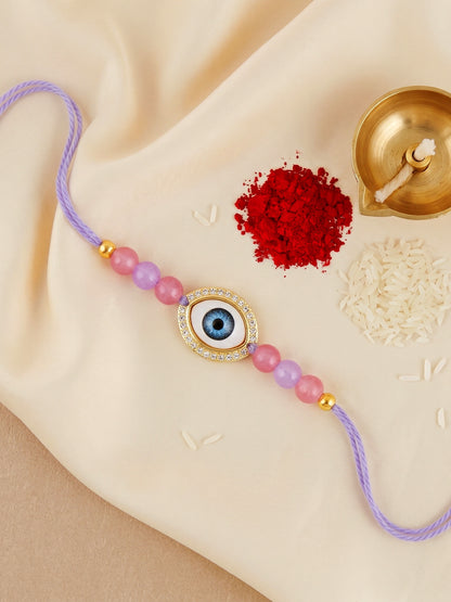 Evil Eye Rakhi for Brother. Protective Charm with Pastel Beads, Roli, Chawal & Card (265-CHR1-1191-P-1-2026)