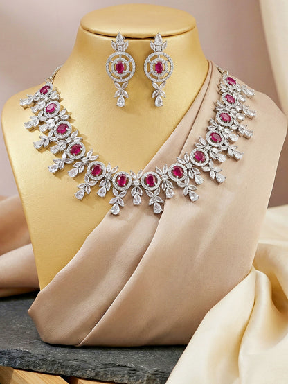 Silver-Tone Ruby Red Stone & American Diamond Necklace Set with Earrings for Women – Office, Party & Function Wear (1717-K4SA-2242-R-S)
