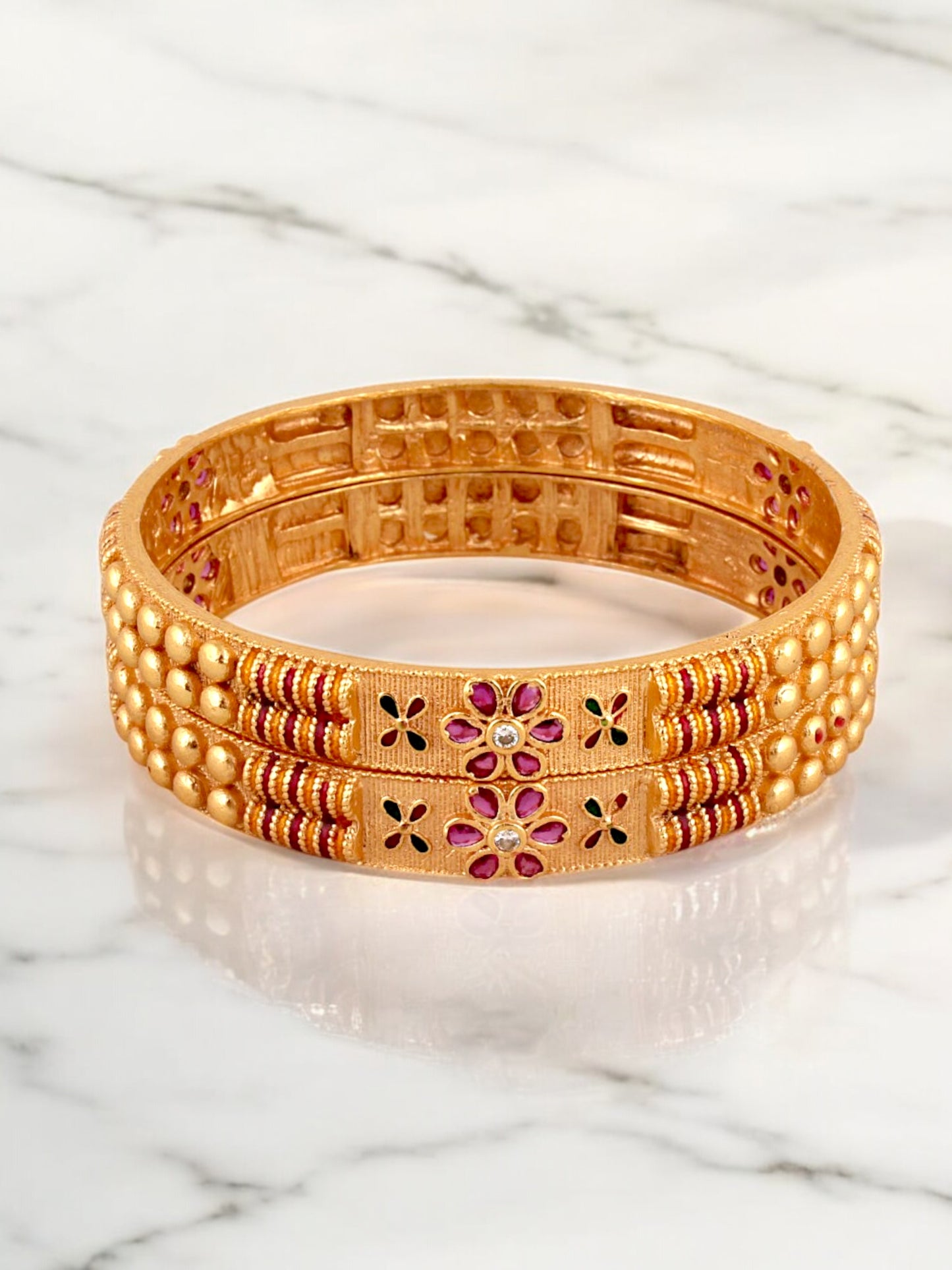 18k One Gram Gold-Plated Meenakari Floral Design Bangle Set for Women & Girls - Pack of 2