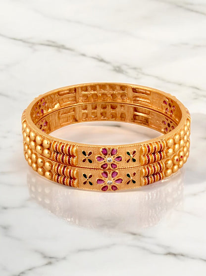 18k One Gram Gold-Plated Meenakari Floral Design Bangle Set for Women & Girls - Pack of 2
