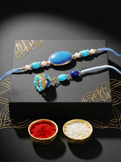 Set of 2 Blue Faux Stone Bhaiya Bhabhi Rakhi Set with Jhumki Lumba, Blue & White Beads (265-CHCR1-1151-FB-2-2026)