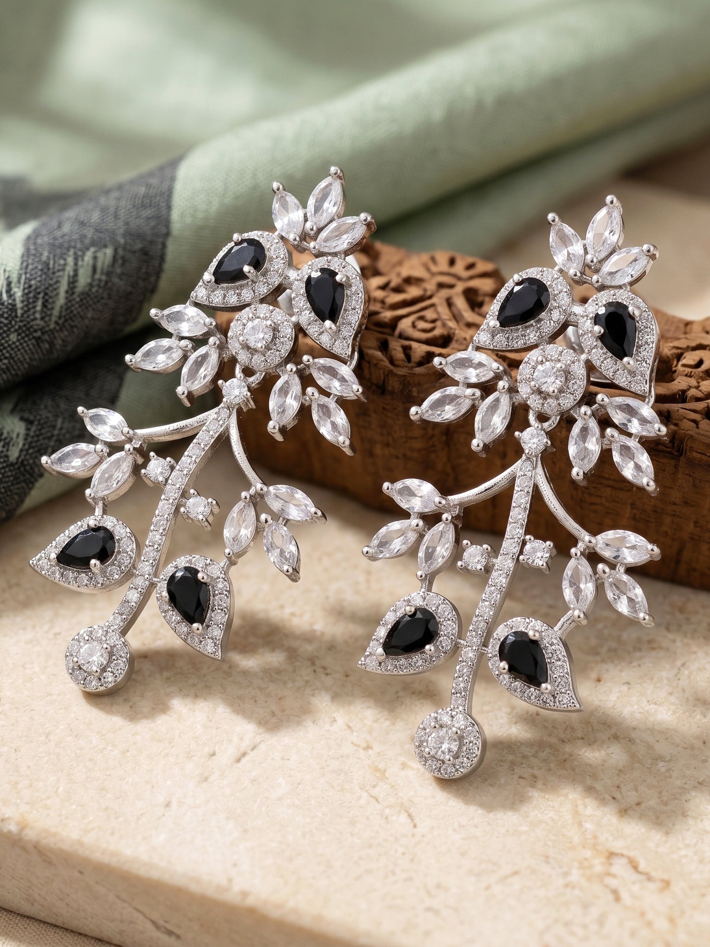 Silver-Tone Black Stone & American Diamond Necklace Set with Earrings for Women – Office, Party & Function Wear (1948-K4SA-2241-BL-S)