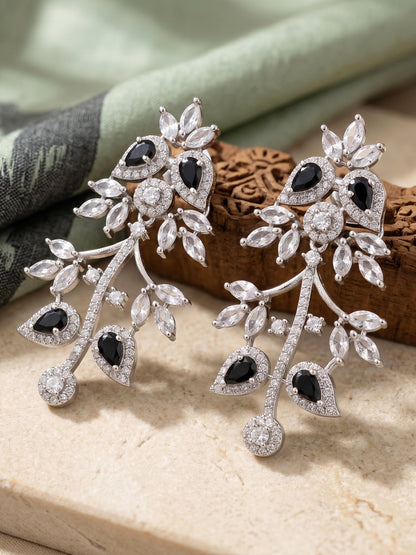 Silver-Tone Black Stone & American Diamond Necklace Set with Earrings for Women – Office, Party & Function Wear (1948-K4SA-2241-BL-S)