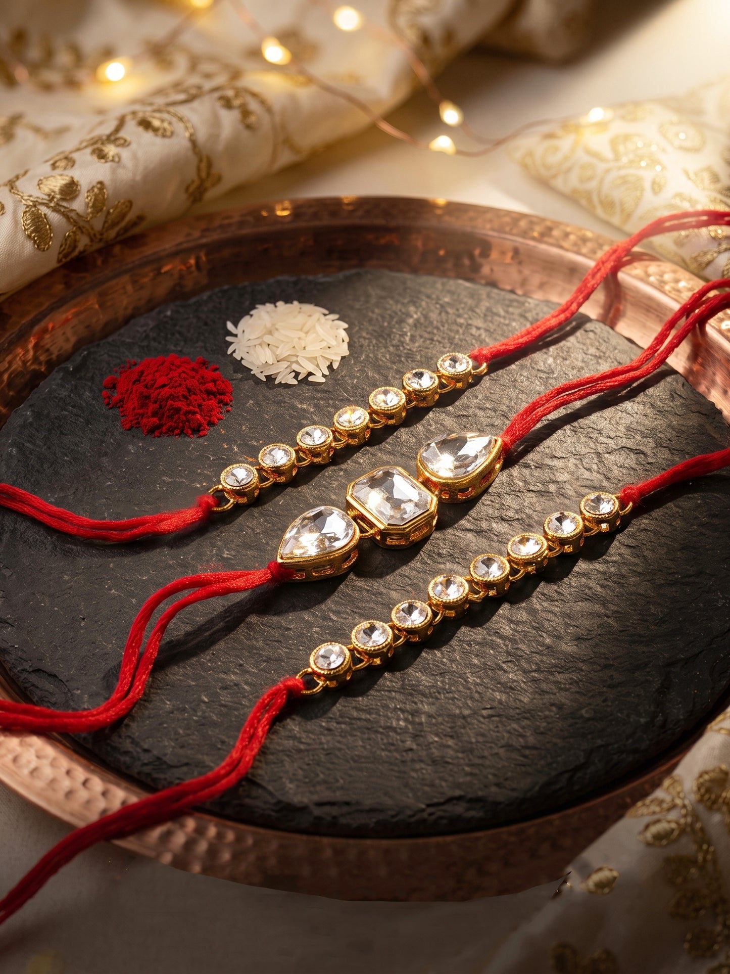 LUCKY JEWELLERY Traditional Rakhi for Brother/Bhaiya – Gold Plated Red Thread Rakshabandhan Rakhie White Stones for Bhai/Bhabhi (Pack of 3) – Fancy Rakhee Bracelet Rakshasutra (159-L1R1-08-W-3-2026)