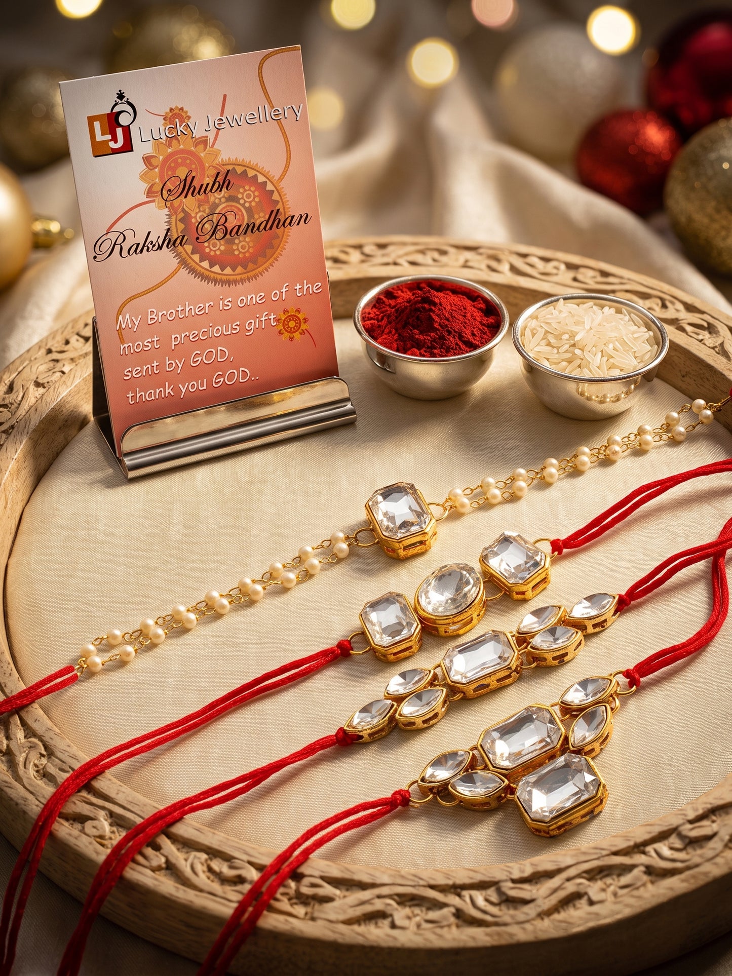 LUCKY JEWELLERY Traditional Rakhi for Brother/Bhaiya – Gold Plated Red Thread Rakshabandhan Rakhie White Stones for Bhai/Bhabhi (Pack of 4) – Fancy Rakhee Bracelet Rakshasutra (182-L1R1-18-W-4-2026)