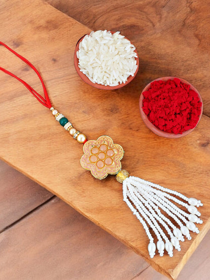 Lucky Jewellery Designer Peach Color Meena Rakhi - Rakshabandhan Rakhee with Pearl Lumba Bracelet for Brother/Bhaiya/Bhai/Bhabhi - Pack of 2 (130-JPCR1-1857-PH-2)