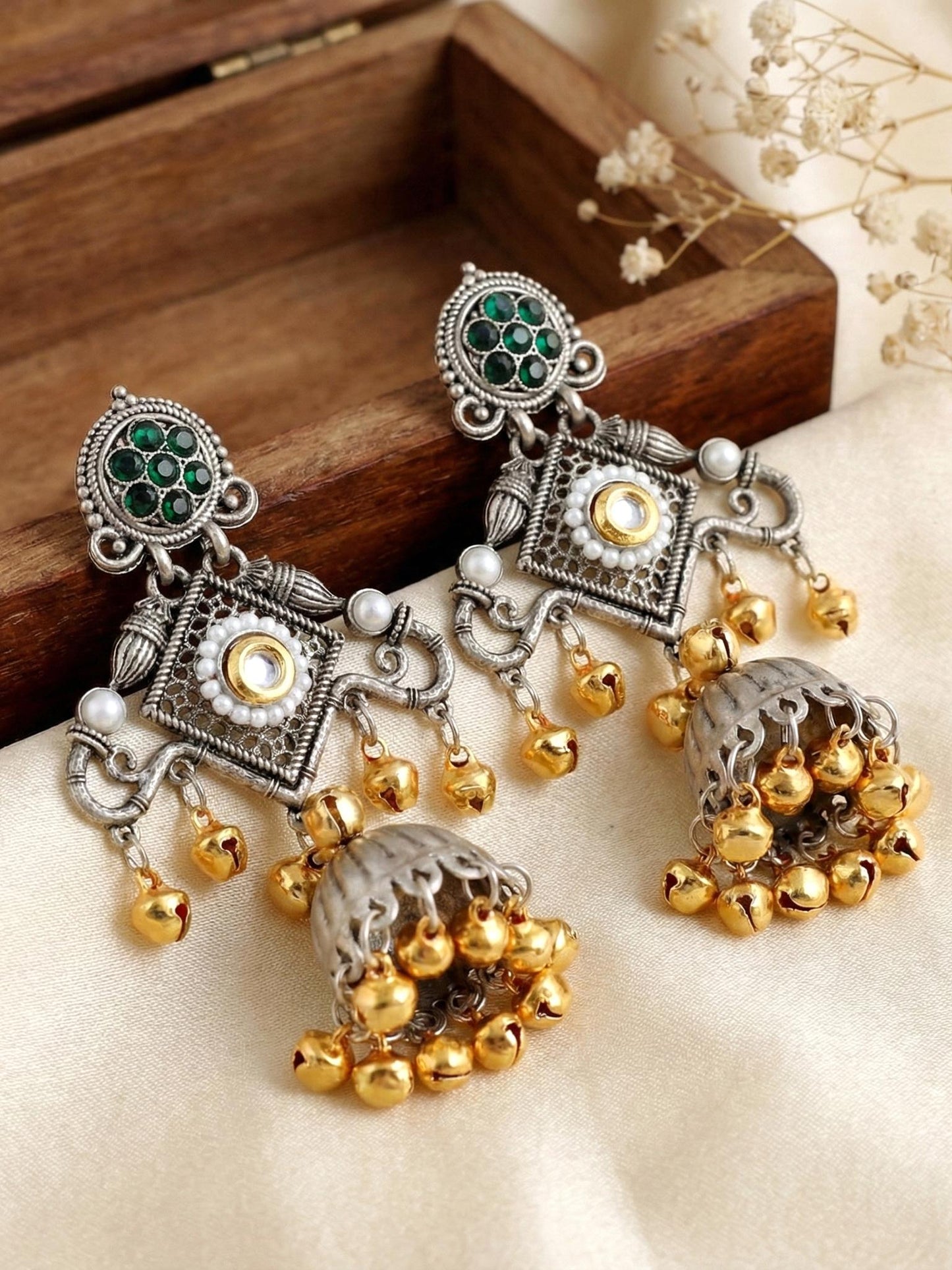 LUCKY JEWELLERY Traditional Dual Tone Oxidized Silver Jhumka Earrings with Green Stone & Golden Ghungroo | Kashmiri Style Jhumki Earrings for Girls & Women | Festive & Gift Wear