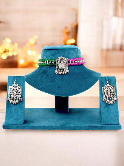 Navratri, Dandiya Garba Festival Jewellery Beads Choker Necklace with Earring