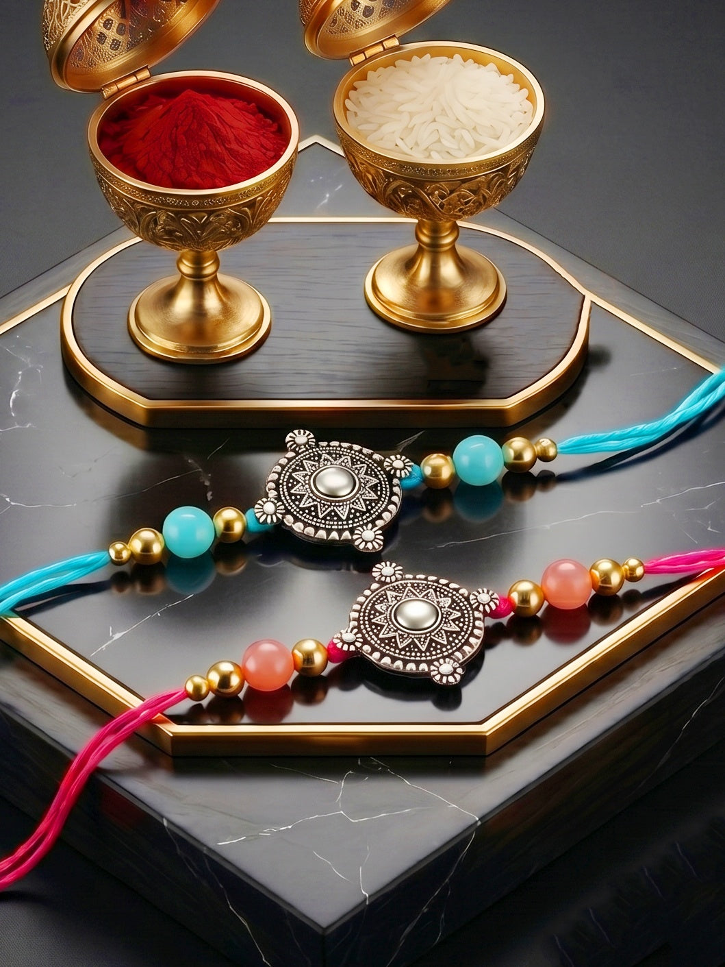 Set of 2 Oxidised Silver Mandala Rakhi for Brother with Pastel Beads, Roli Chawal & Card (84-JPR1-1962-S-2-2026)