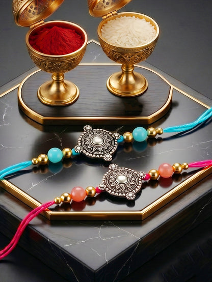 Set of 2 Oxidised Silver Mandala Rakhi for Brother with Pastel Beads, Roli Chawal & Card (84-JPR1-1962-S-2-2026)