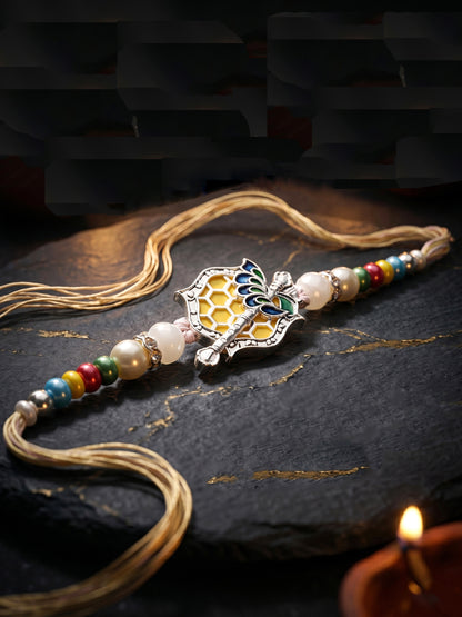 Silver-Finish Krishna Flute Bansuri Mor Pankh Beaded Rakhi Set For Brother | Roli Chawal, Card (132-S5R1-AR2770)