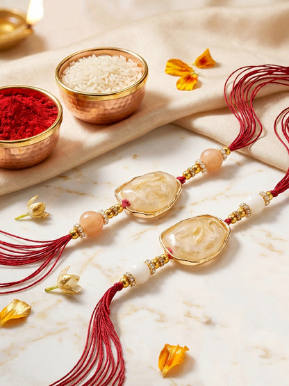 Designer Rakhi Set of 2 for Brothers. Elegant Faux Stone Centerpiece with Beads, Roli, Chawal (240-CHR1-1244-2-2026)