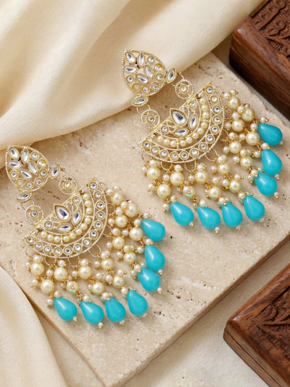 Gold Plated Kundan & Pearl Firozi Stone Bridal Choker Jewellery Set with Maang Tikka (1683-ISK-855-F)