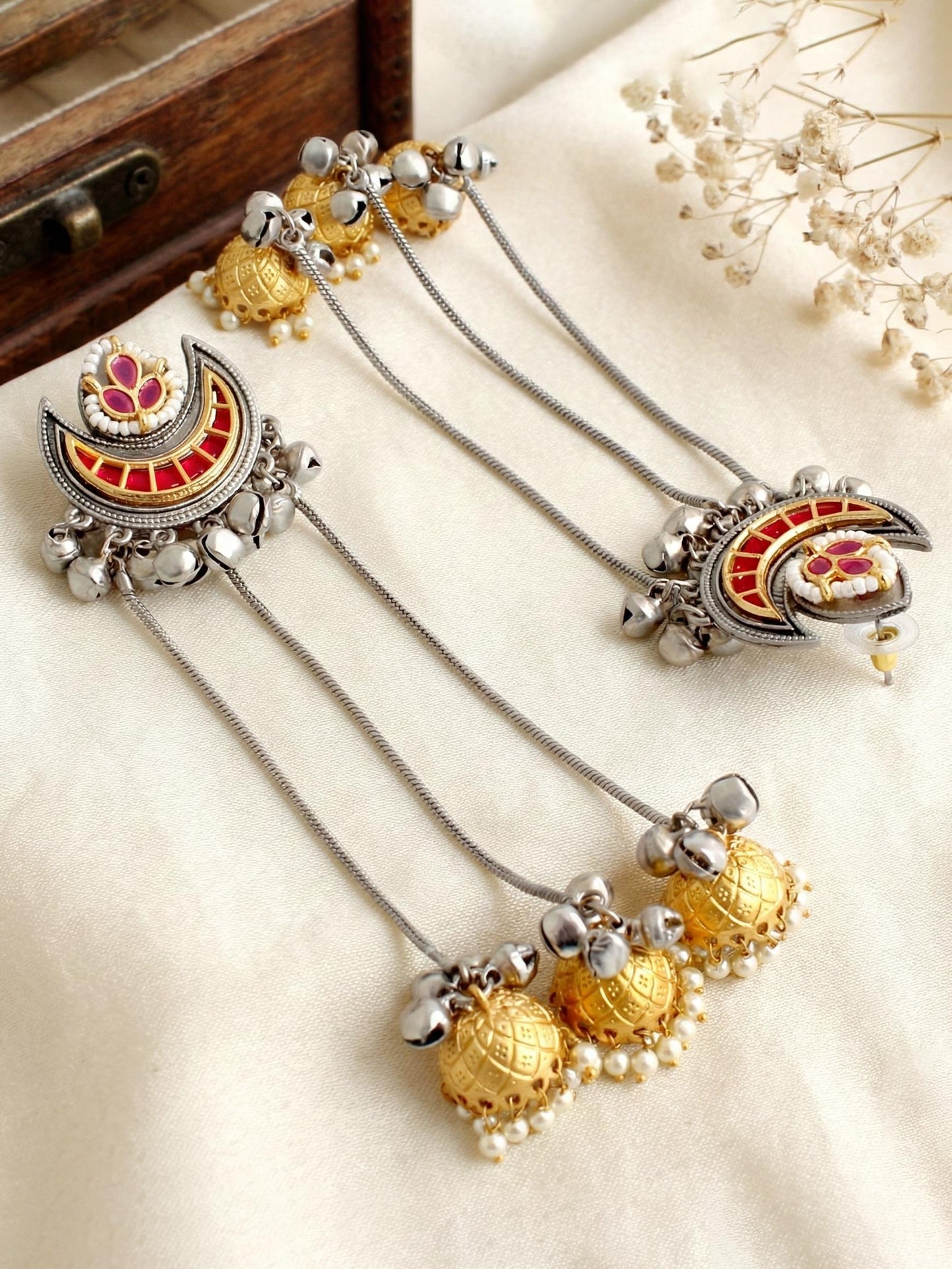 LUCKY JEWELLERY Oxidized Silver Kashmiri Earrings with Magenta Stone, Triple Chain Layer & Triple Gold Jhumka |Black Metal Chandbali Style Earring Set for Girls & Women | Wedding, Festival & Gift Wear