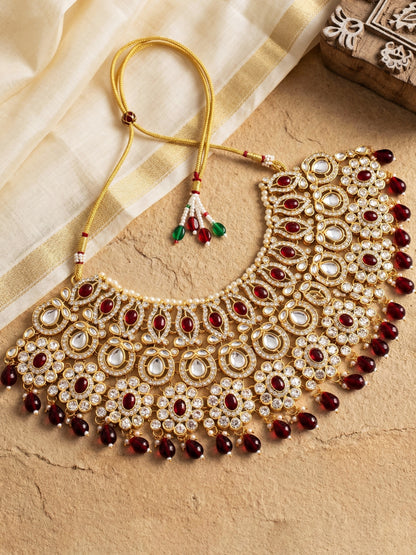 Bridal AD Maroon Stone Heavy Choker Jewellery Set with Sheesh Patti, Nath & Jhumka (3300-M8ZK-1104-M)