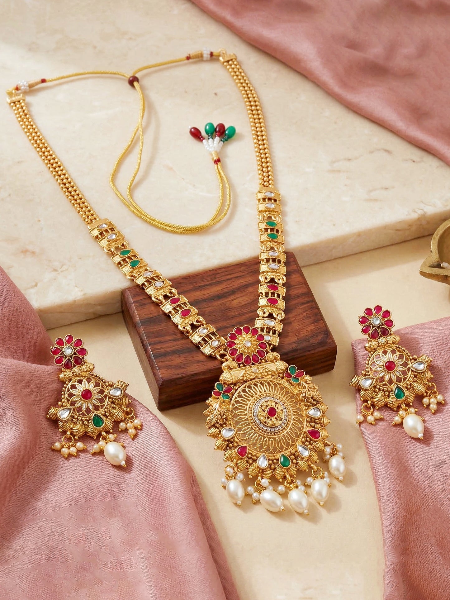 Lucky Jewellery Gold-Plated Ruby & Green Color Long Necklace Set (750-G2SR-204-RG)