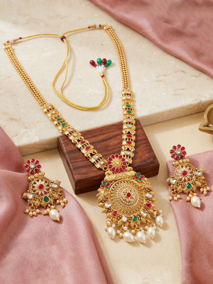 Lucky Jewellery Gold-Plated Ruby & Green Color Long Necklace Set (750-G2SR-204-RG)