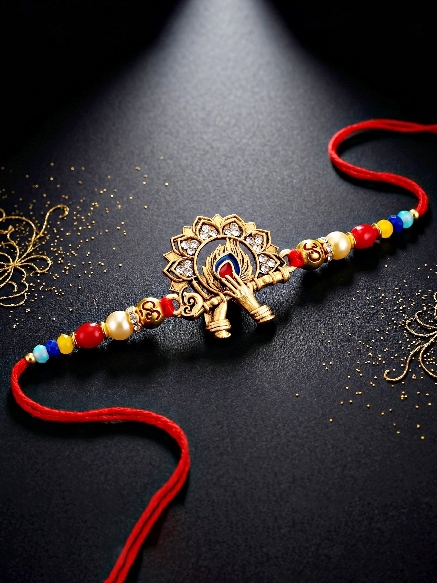 Designer Krishna Flute & Peacock Rakhi Set For Brother | Roli Chawal And Card (72-S5R1-AR2934)