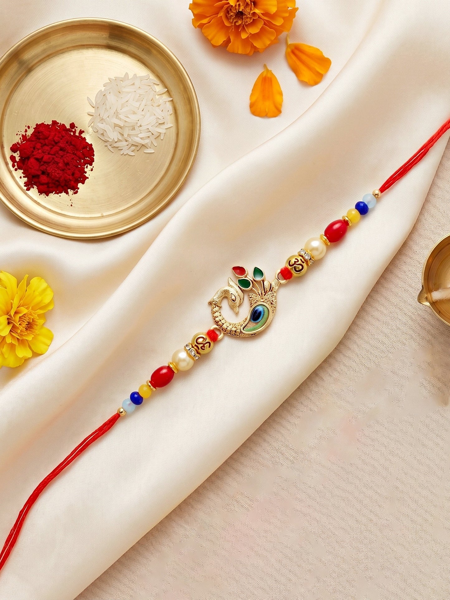Elegant Peacock Rakhi for Brother with Roli Chawal and Card | Traditional Enamel Beaded Rakhi (72-S5R1-AR2972)