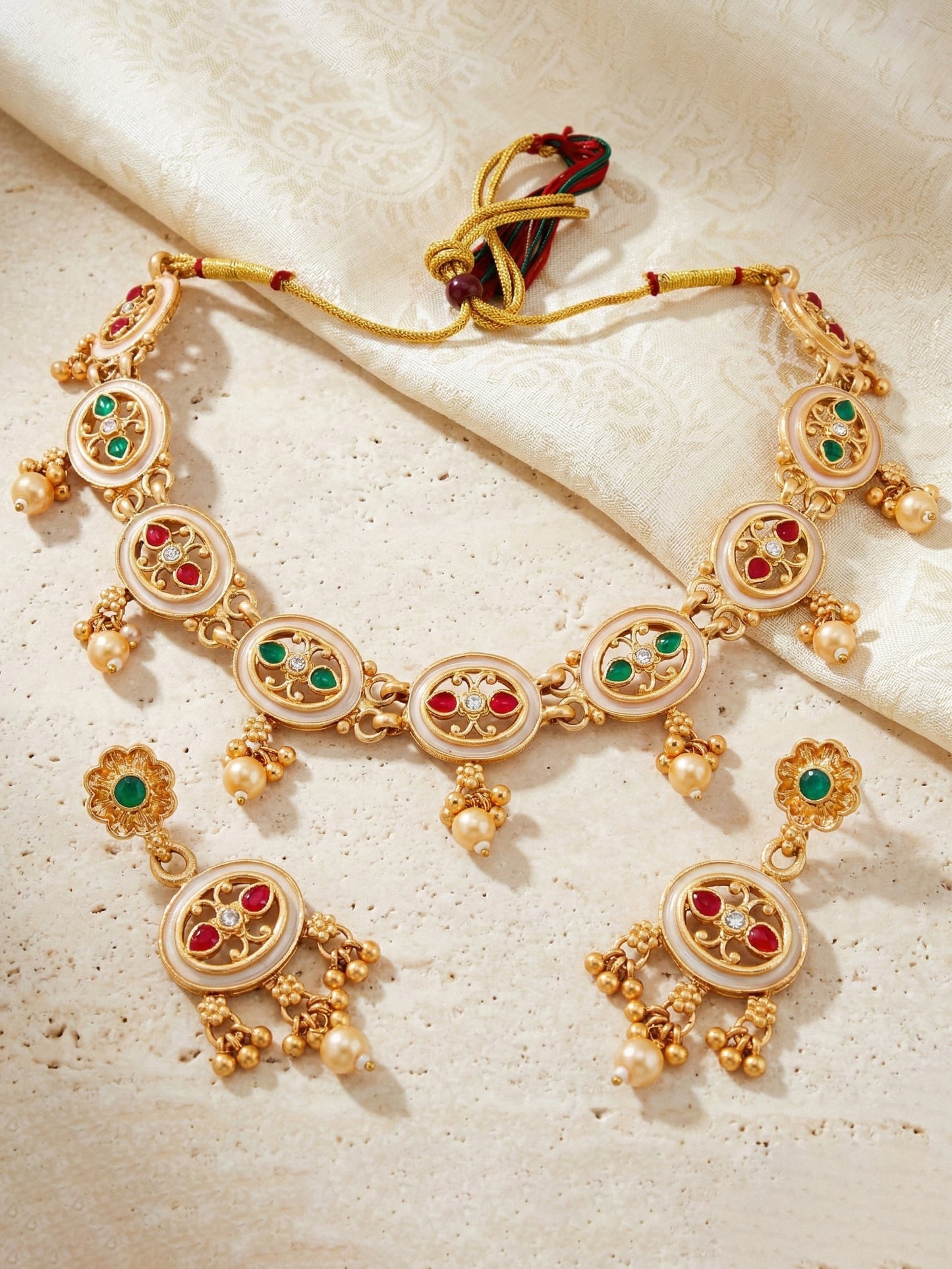Lucky Jewellery Gold-Plated Meenakari Red & Green Stone Necklace Set (580-G2SR-261-WRG)