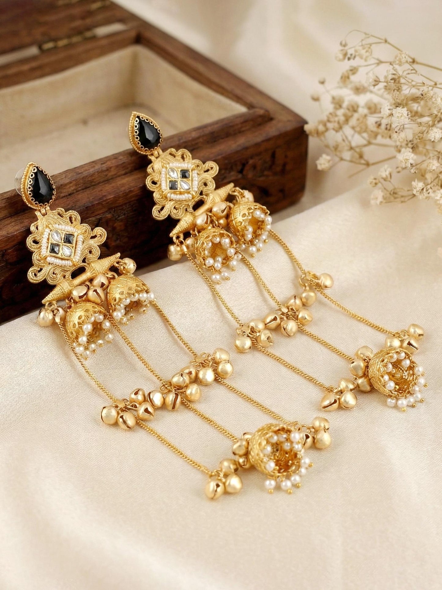 LUCKY JEWELLERY Gold Plated Kashmiri Earrings with Black Stones, Triple Jhumka with Long Ghungroo Chains for Girls & Women | Designer Earring Set | Birthday, Valentine & Anniversary Gift
