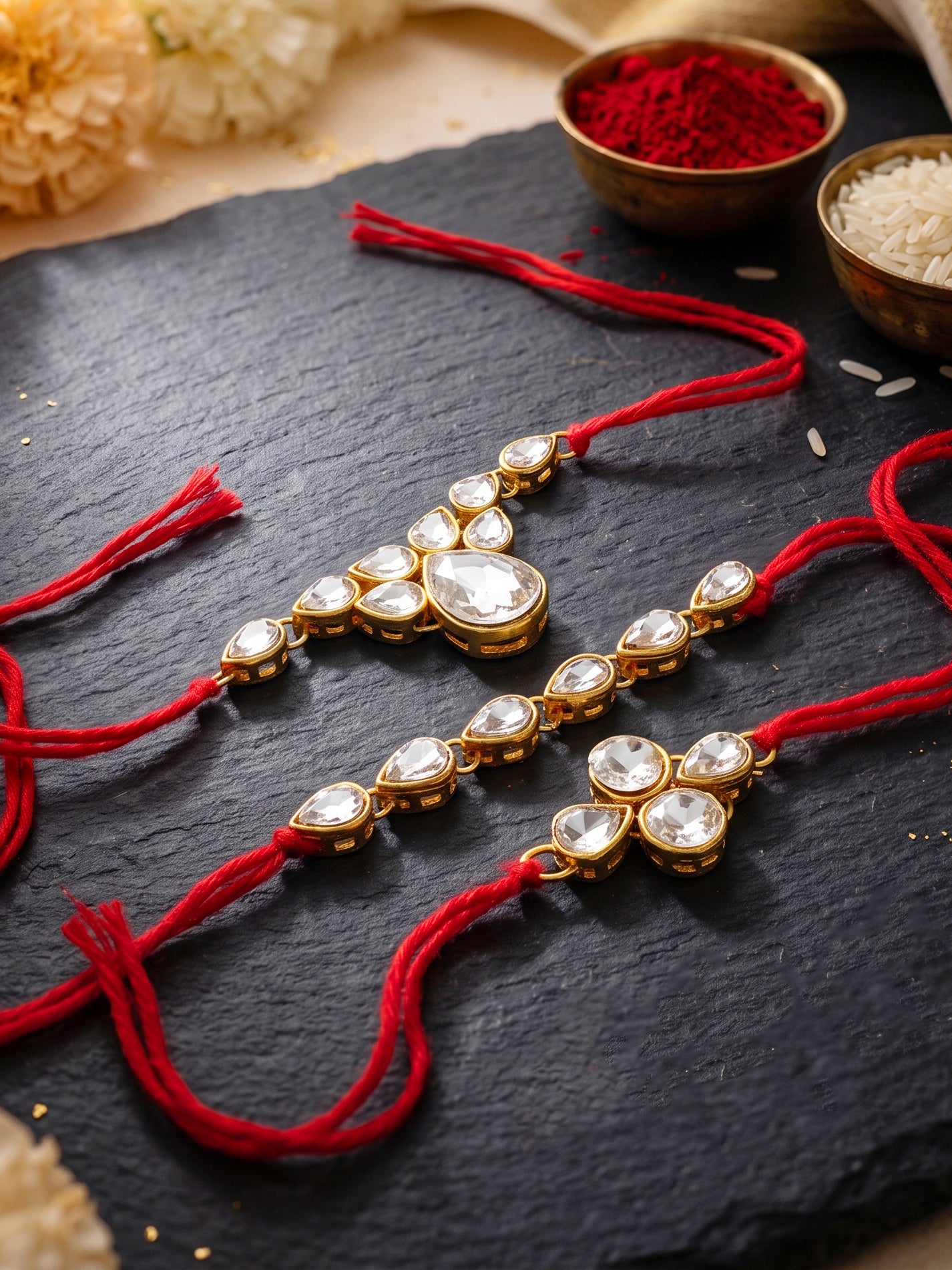 LUCKY JEWELLERY Traditional Rakhi for Brother/Bhaiya – Gold Plated Red Thread Rakshabandhan Rakhie White Stones for Bhai/Bhabhi (Pack of 3) – Fancy Rakhee Bracelet Rakshasutra (159-L1R1-04-W-3-2026)