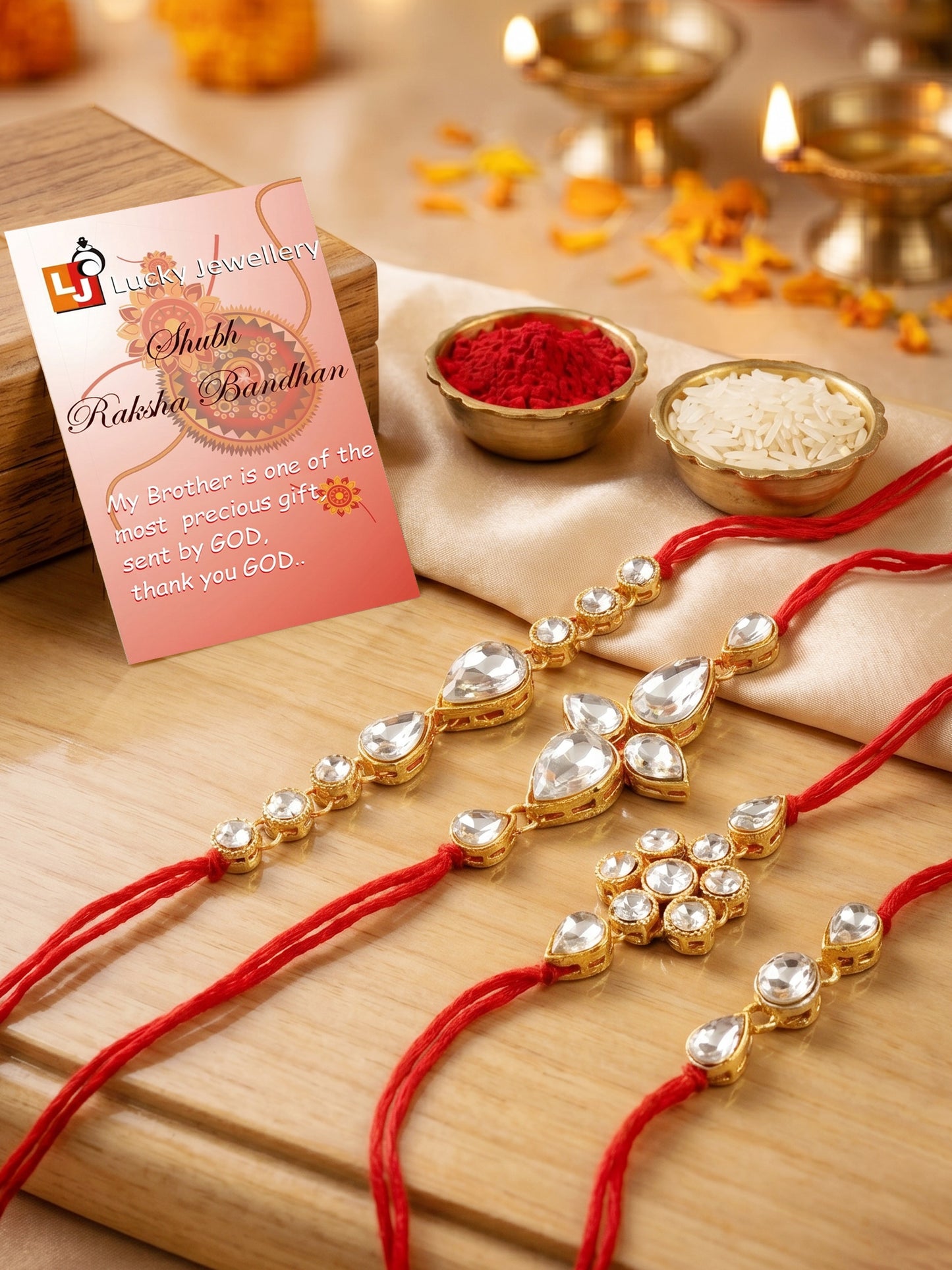 LUCKY JEWELLERY Traditional Rakhi for Brother/Bhaiya – Gold Plated Red Thread Rakshabandhan Rakhie White Stones for Bhai/Bhabhi (Pack of 4) – Fancy Rakhee Bracelet Rakshasutra (159-L1R1-02-W-4-2026)