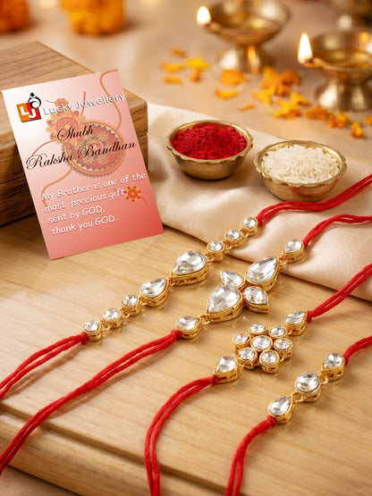 LUCKY JEWELLERY Traditional Rakhi for Brother/Bhaiya – Gold Plated Red Thread Rakshabandhan Rakhie White Stones for Bhai/Bhabhi (Pack of 4) – Fancy Rakhee Bracelet Rakshasutra (159-L1R1-02-W-4-2026)