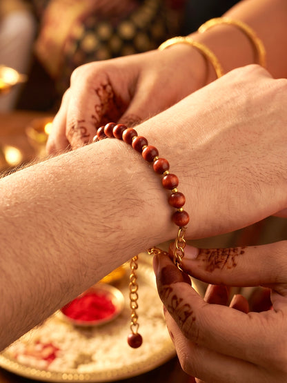 Elegant Brown Adjustable Rudraksha Style Beaded Rakhi with Roli Chawal & Greeting Card For Brothers (76-S7R1-EA3012)