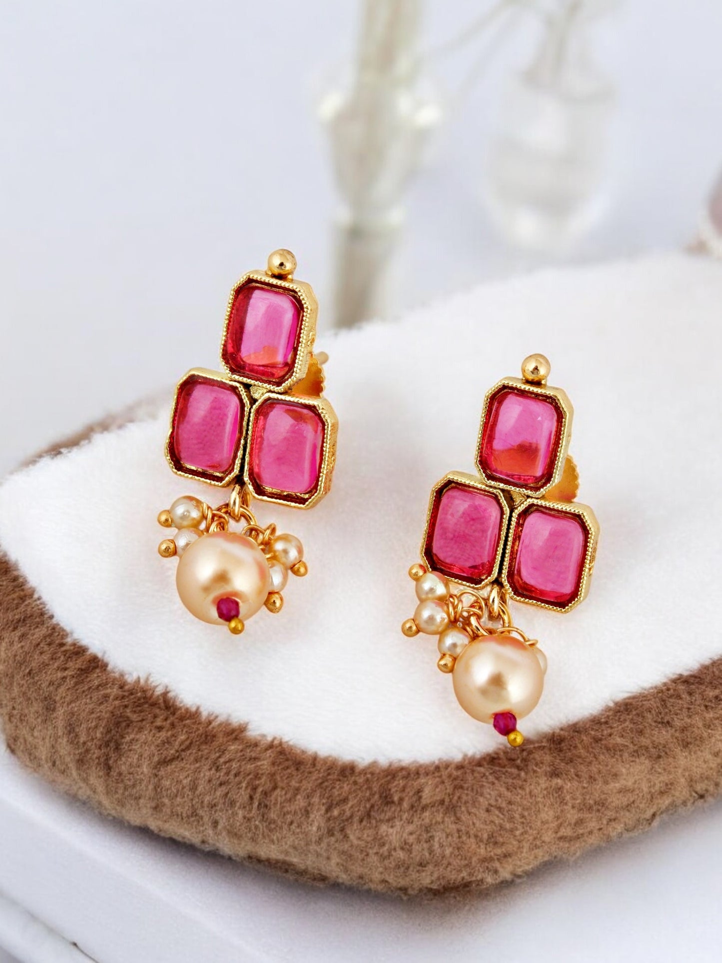 Gold Plated Magenta Color Choker Necklace Set with Earrings for Women & Girls