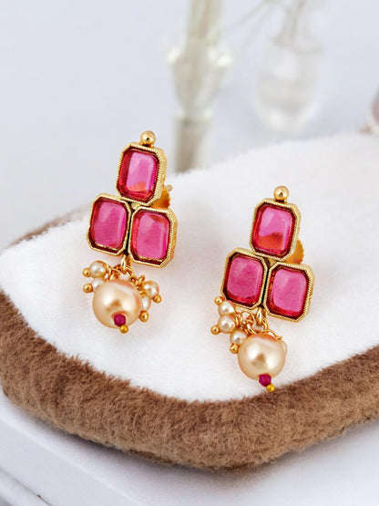 Gold Plated Magenta Color Choker Necklace Set with Earrings for Women & Girls