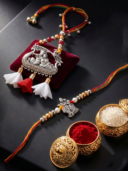 Set of 2 Bhaiya Bhabhi Rakhi Set with Radha Krishna Pendant, Maroon & White Tassels, Roli Chawal (182-JPCR1-1990-S-2-2026)