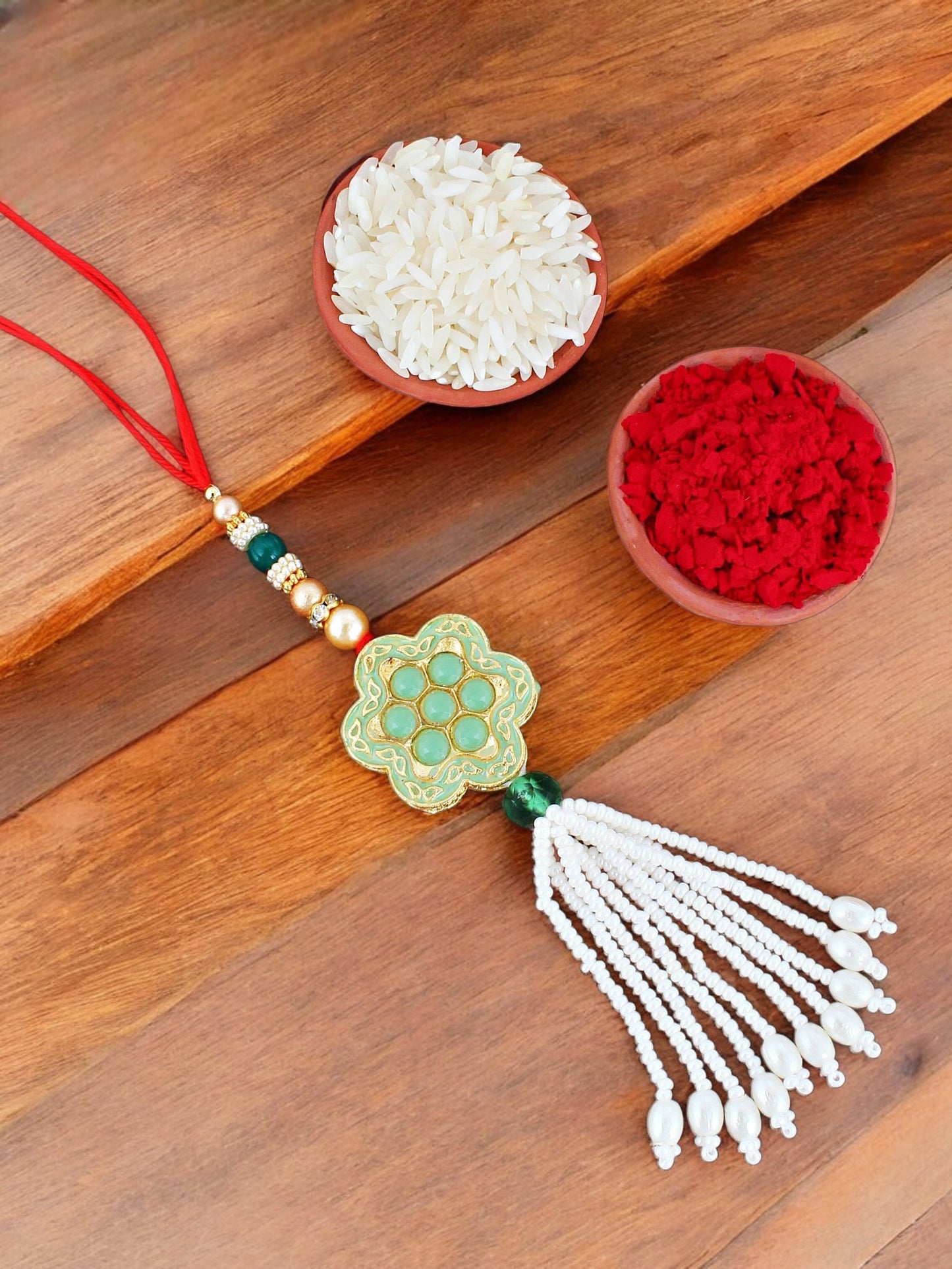 Lucky Jewellery Designer Mint Color Meena Rakhi - Rakshabandhan Rakhee with Pearl Lumba Bracelet for Brother/Bhaiya/Bhai/Bhabhi - Pack of 2 (130-JPCR1-1857-MNT-2)