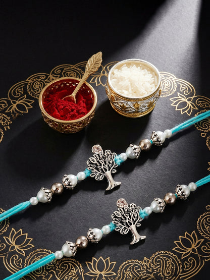 Set of 2 Silver Tree of Life Rakhi for Brother with White Beads, Roli Chawal & Card (72-JPR1-1958-S-2-2026)