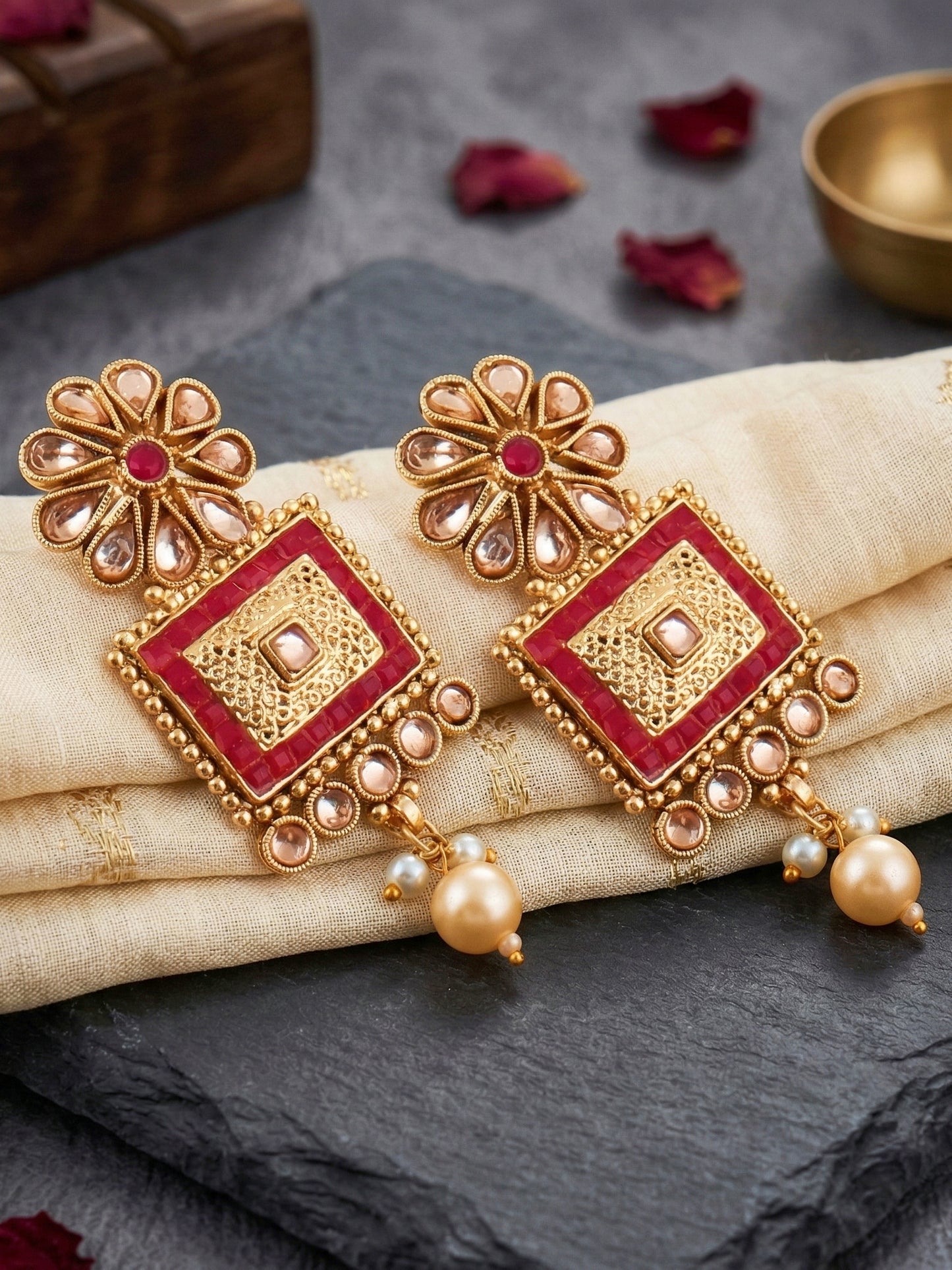 Lucky Jewellery Gold-Plated Ruby Color Traditional Necklace Set (726-G2SR-197-R)