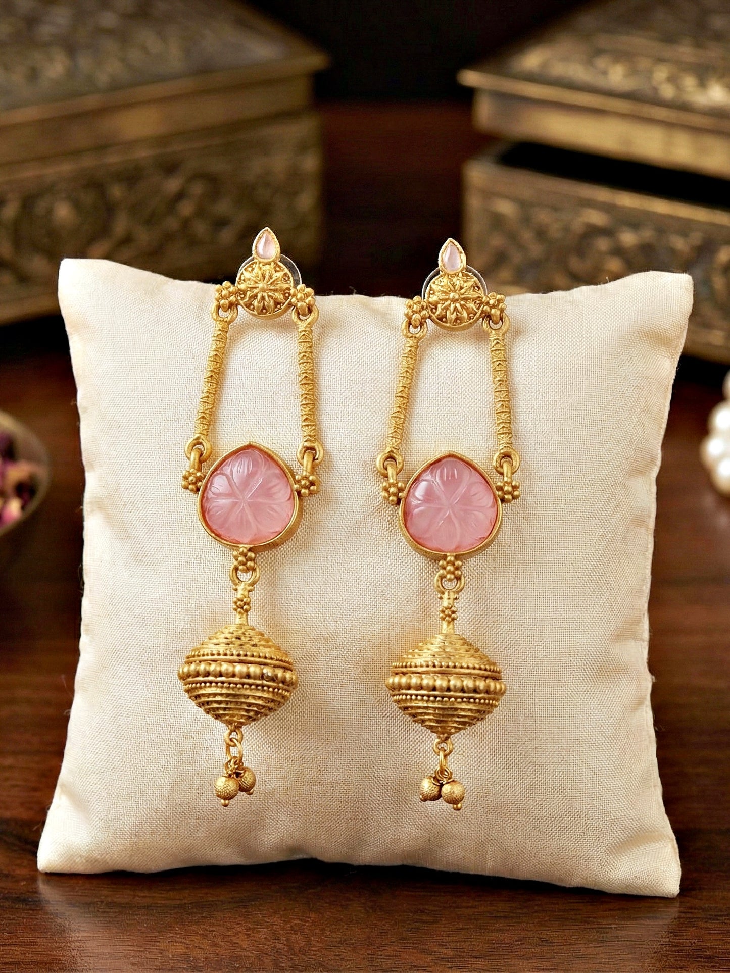 Oxidised Gold Pink Stone Long Dangler Earrings For Girls & Women (370-KEG-13541-PK)
