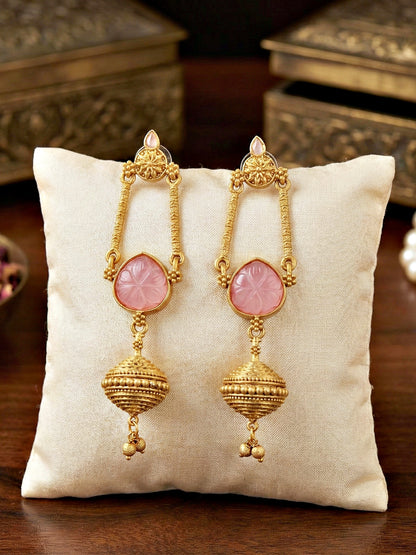 Oxidised Gold Pink Stone Long Dangler Earrings For Girls & Women (370-KEG-13541-PK)
