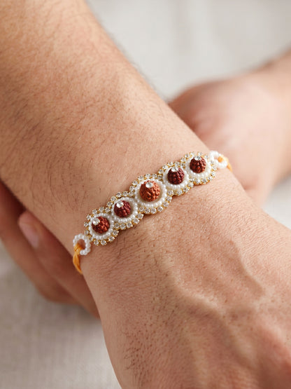 Designer Bhaiya Bhabhi Rakhi Set | Peach Floral Dangling Lumba & Traditional Brown Beaded Rakhi (192-S7R1-PJ6605-PH)