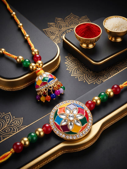 Set of 2 Multicolor Meenakari Bhaiya Bhabhi Rakhi Set With Lumba, Roli, Chawal & Card (325-CHCR1-1152-MT-2-2026)
