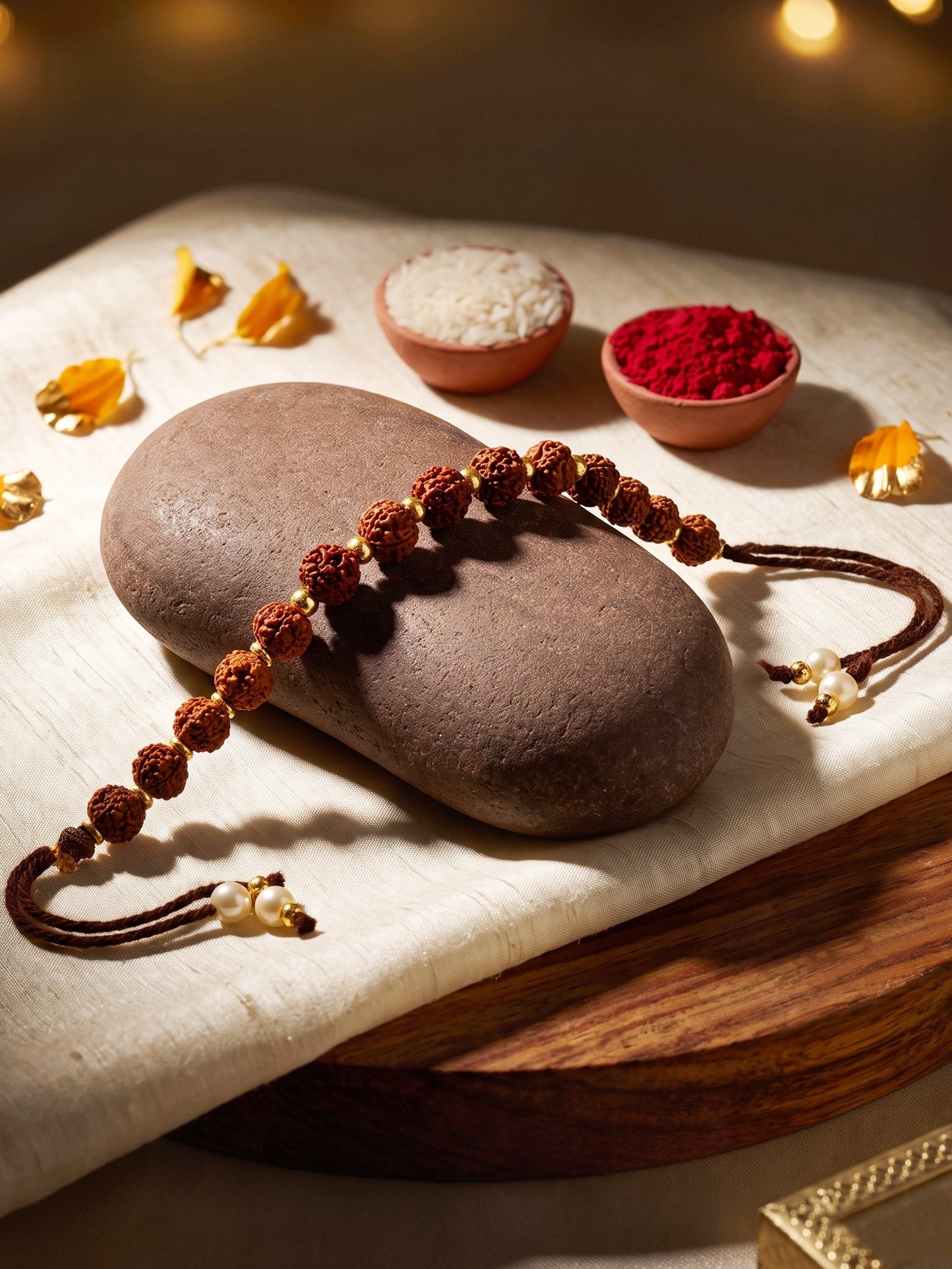 Traditional Rudraksha Rakhi for Brother with Gold, Warm Beads, Roli Chawal & Card (102-RRR1-1987-1-2026)