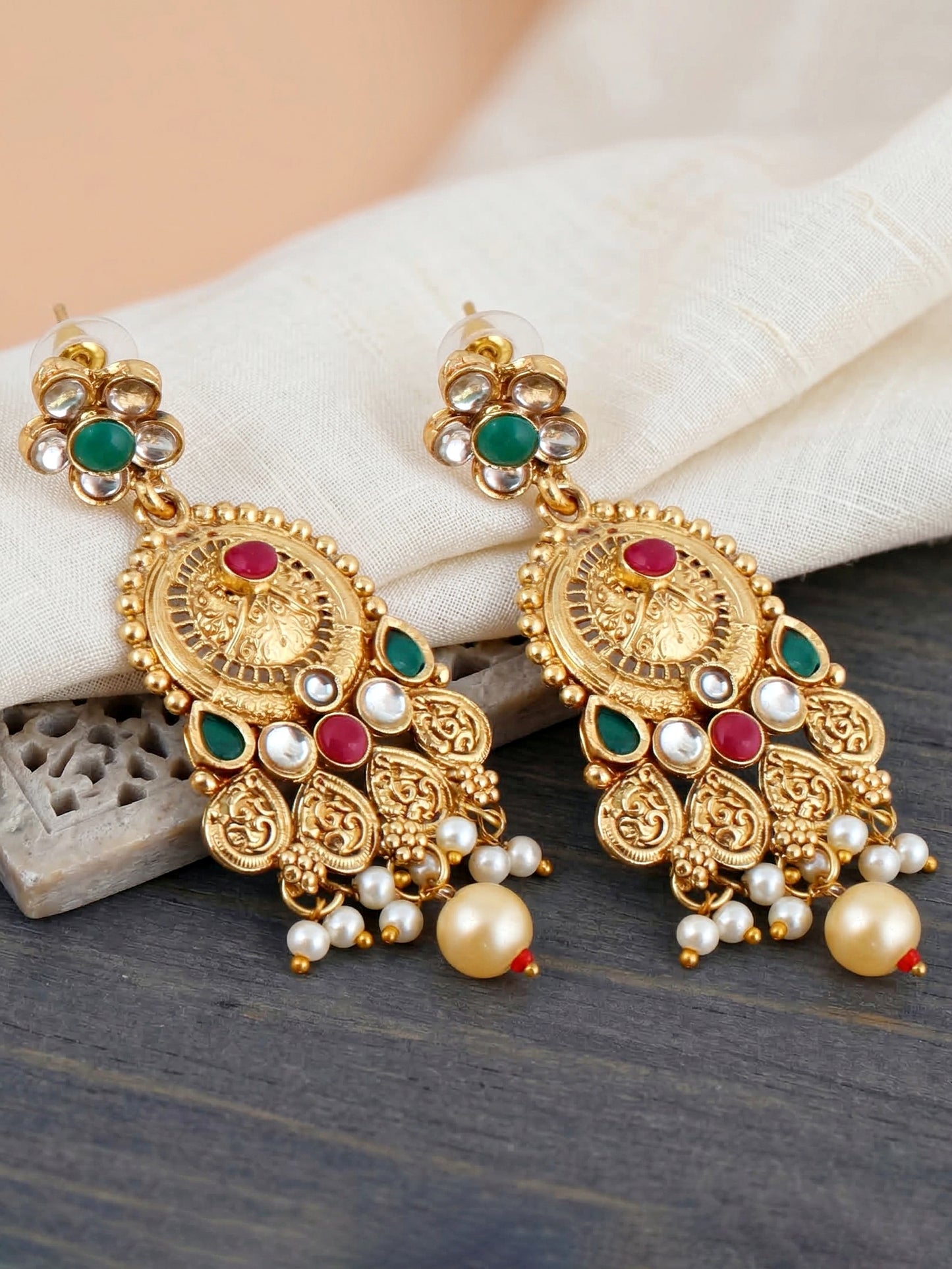 Lucky Jewellery Gold-Plated Ruby & Green Color Necklace Set (732-G2SR-190-RG)