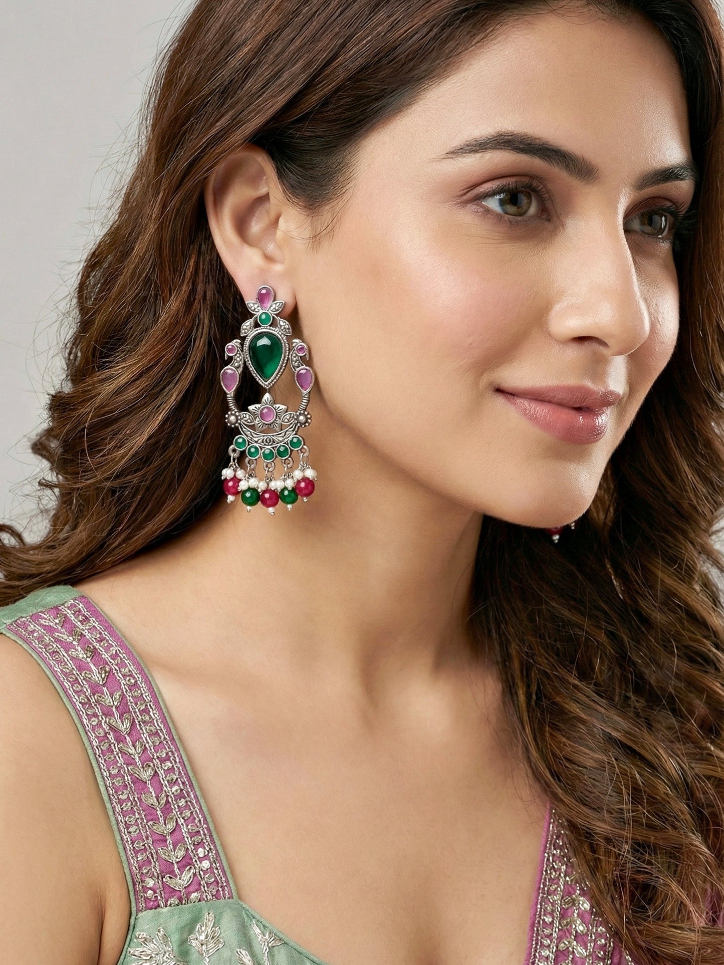 LUCKY JEWELLERY Oxidised  Green Stone Chandelier Earrings with Magenta & Green  (476-KEO-16219-RG)