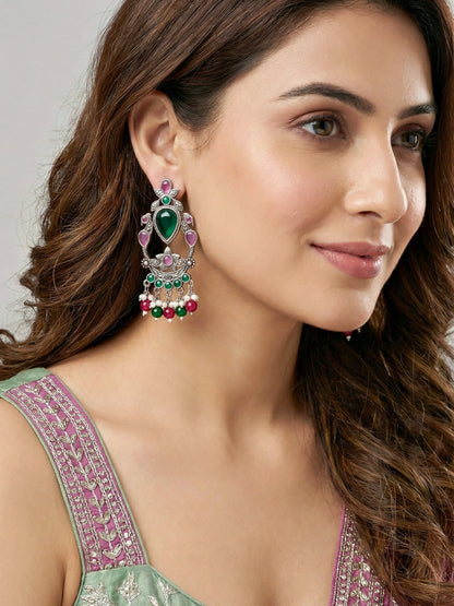 LUCKY JEWELLERY Oxidised  Green Stone Chandelier Earrings with Magenta & Green  (476-KEO-16219-RG)