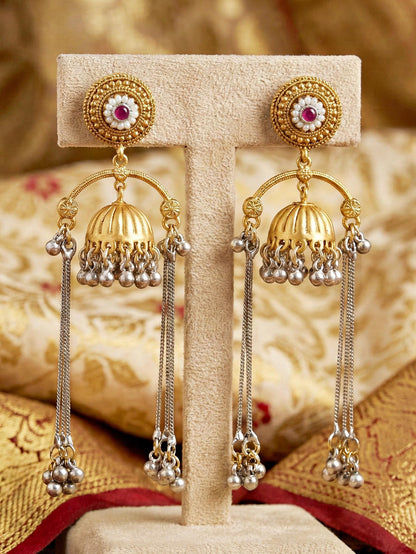 LUCKY JEWELLERY Antique Gold Finish Traditional Earrings with Long Chain Tassels Earrings For Girls & Women |Kashmiri Jhumka with Magenta Stone Earing Set |Birthday Gift Valentine Anniversary Gift