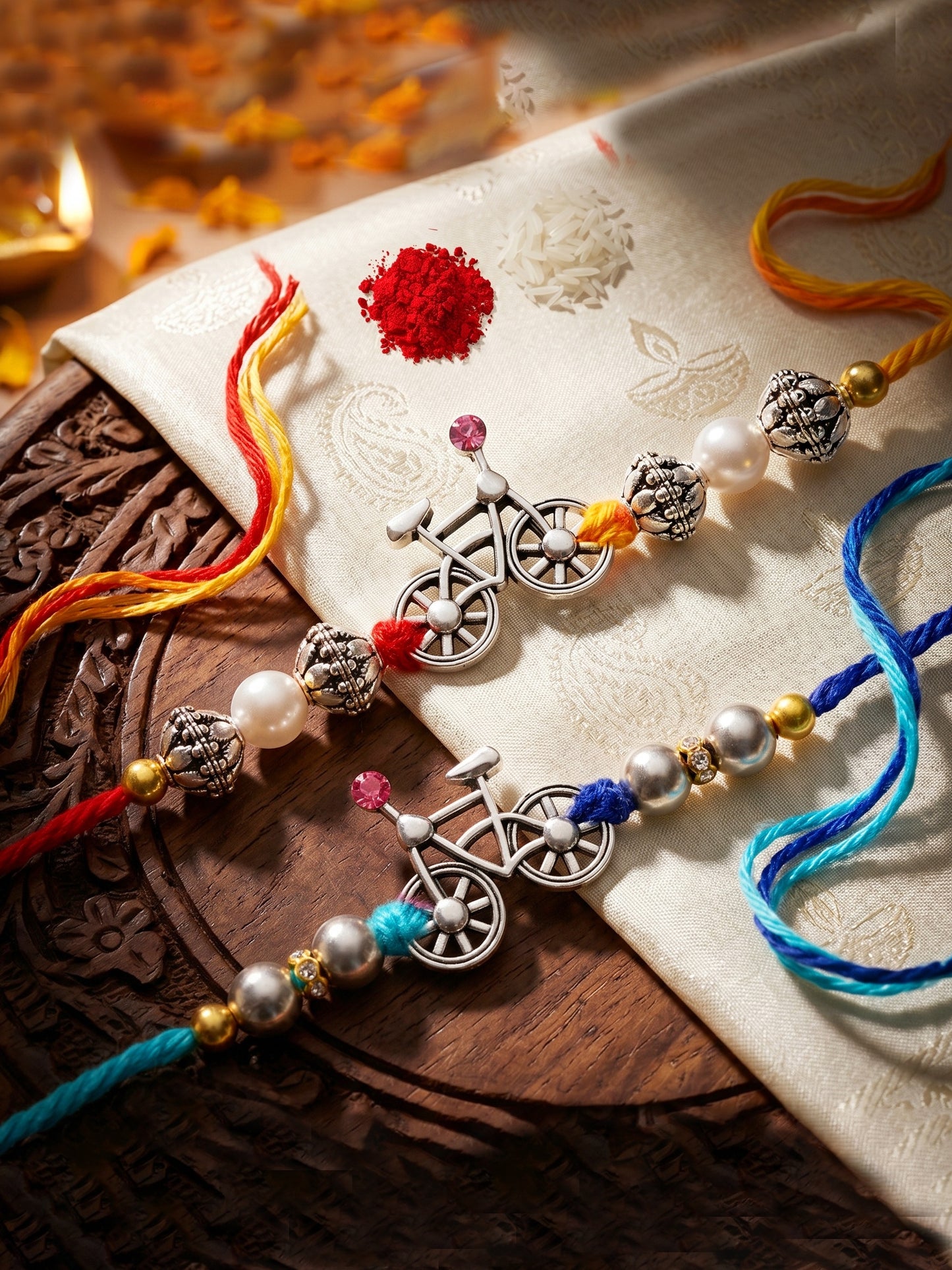 Set of 2 Silver Bicycle Rakhi for Brother with White & Metallic Beads, Roli Chawal & Card (72-JPR1-1954-S-2-2026)