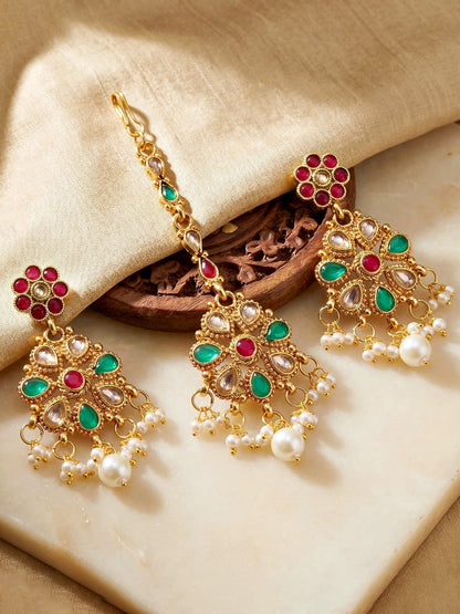 Lucky Jewellery Gold-Plated Ruby & Green Color Choker Set with Maang Tikka (750-G2SR-004-RG)